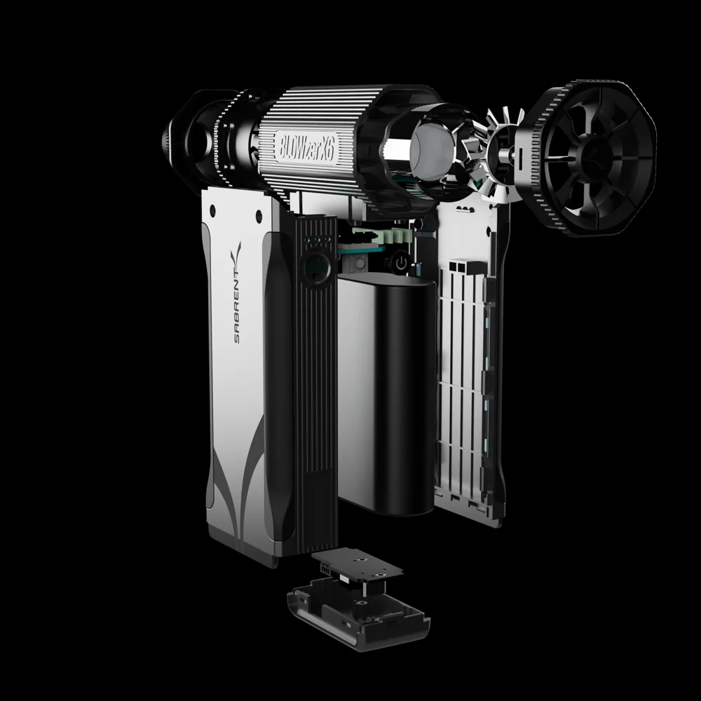 Exploded BLOWZER X6 showing the motor, battery, circuit boards and separated housings